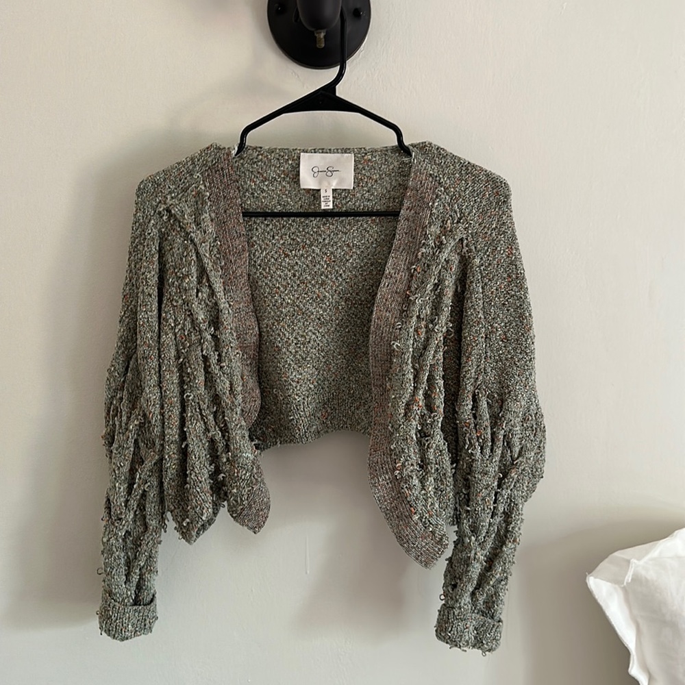 cropped green cardigan